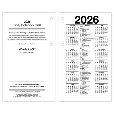 2026 AT-A-GLANCE 6" x 3.5" Daily Calendar Refill Pages, White (E717-50-26)
