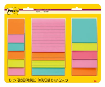 Post-it Super Sticky Notes, Supernova Neons Collection, 45 Sheets/Pad, 15 Pads/Pack (4423-15SSMIA)