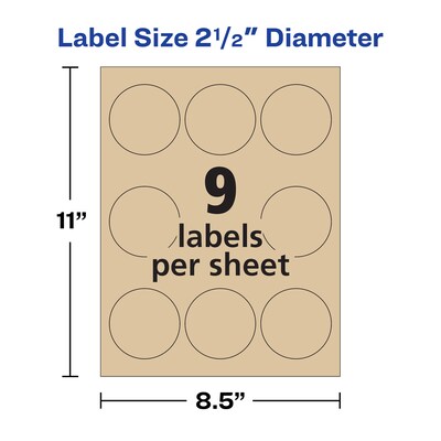 Avery Easy Peel Laser/Inkjet Round Labels, 2 1/2" Dia, Kraft Brown, 225 Labels/Pack (22808)