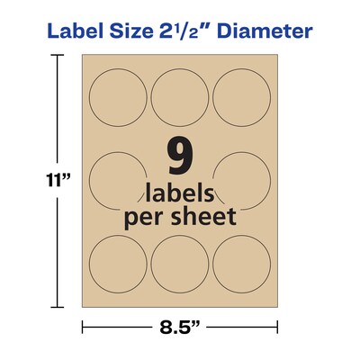 Avery Easy Peel Laser/Inkjet Round Labels, 2 1/2" Diameter, Kraft Brown, 9 Labels/Sheet, 25 Sheets/Pack, 225 Labels/Pack (22808)