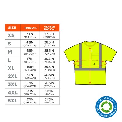 GloWear 8289-ECO High Visibility Short Sleeve T-Shirt, ANSI Type R Class 2, Lime, XS, (21531)