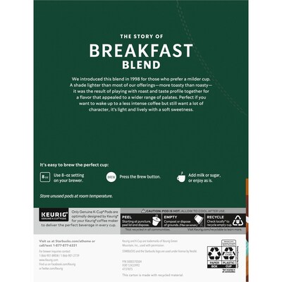 Starbucks Breakfast Blend Coffee Keurig® K-Cup® Pods, Medium Roast, 24/Box (SBK18995)