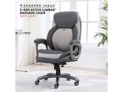 Sharper Image S-600 Active Lumbar Heated Ergonomic Bonded Leather Swivel Executive Massage Chair, Gray (60098-GRY)