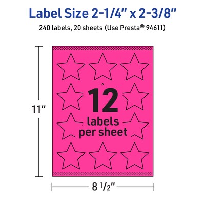 Avery Star Laser/Inkjet Multipurpose Labels, 2-1/4" x 2-3/8", Neon Magenta (240/Pack)