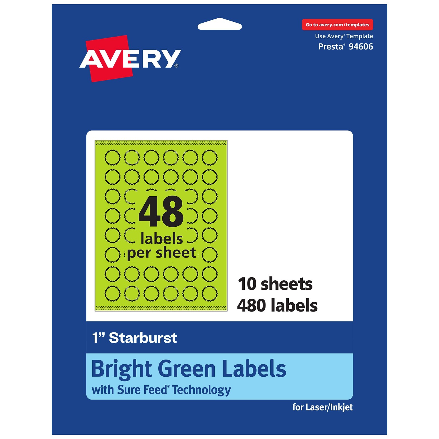 Avery Printable Burst Multipurpose Labels, 1, Bright Green, 480/Pack (94606)