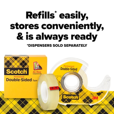 Scotch Permanent Double Sided Tape Refill, 0.5" x 25 yds., 1" Core, Clear, 2/Pack (665-2PK)