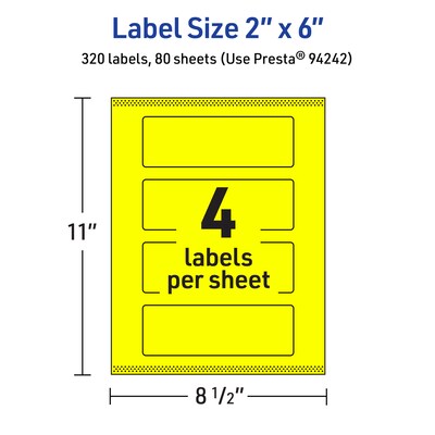 Avery Laser/Inkjet Rectangle Multipurpose Labels, 2" x 6", Neon Yellow, 320/Box (94242)