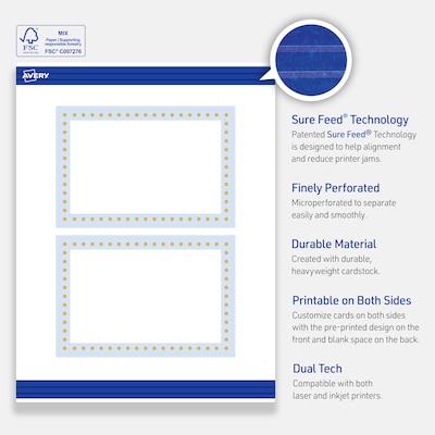 Avery Gold Dots with Blue Border Matte Blank Card, White, 20/Pack (S00-DMH)