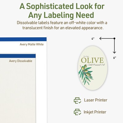 Avery Dissolvable Oval Multipurpose Labels, 4" x 6", Off-white, 20/Pack (94057)