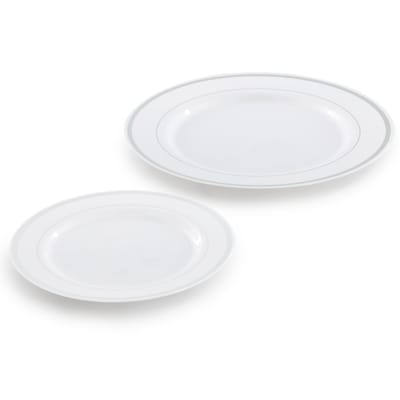 Round Elama Plastic Dinnerware Set, White/Silver, 350 Piece (935123347M)