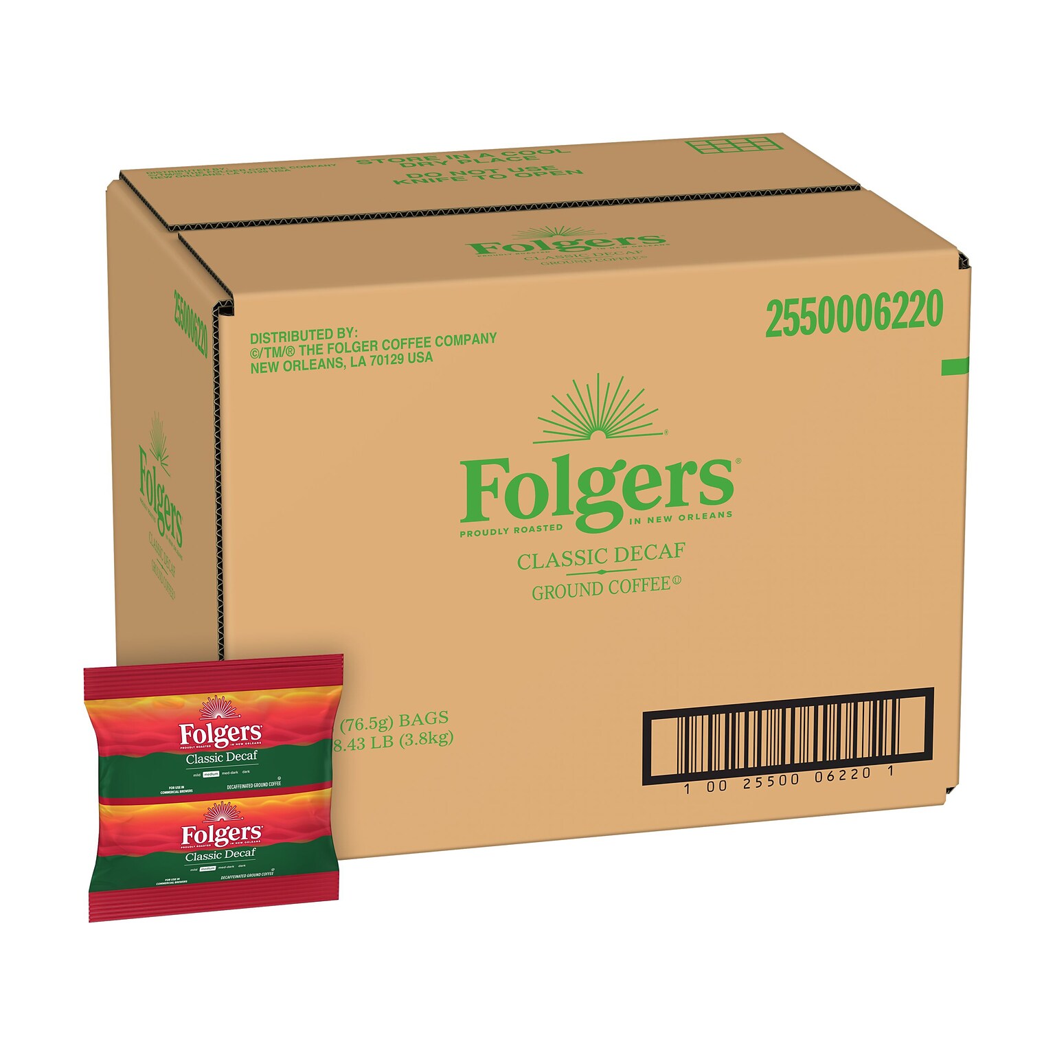 Folgers Classic Decaf Coffee Fraction Pack, Medium Roast, 2.7 oz., 50 Packs/Carton (2550006220)