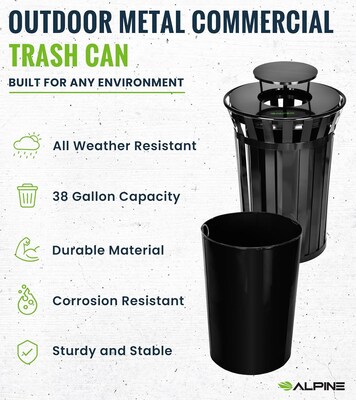 Alpine Industries Metal Outdoor Trash Can with Rain Bonnet Lid and Liner, 38 Gallon, Black (479-38-1)