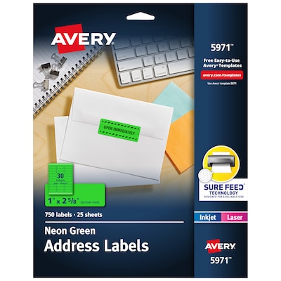 Avery Sure Feed Laser Address Labels, 1 x 2 5/8, Neon Green, 750 Labels/Pack (5971)