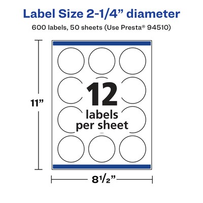 Avery Laser/Inkjet Multipurpose Circle Labels, 2.25" Dia, Glossy White, 600/Box (94510)