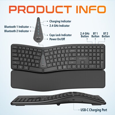 Delton KB250 Ergonomic Wireless Curved Keyboard with Cushioned Wrist Rest, Black (DKBE250-WR)
