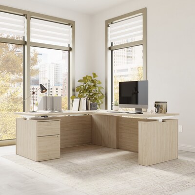 Bush Business Furniture Stratus 72W Electric L-Shaped Adjustable Standing Desk with Cabinet, Natural Elm (SUT016NE)