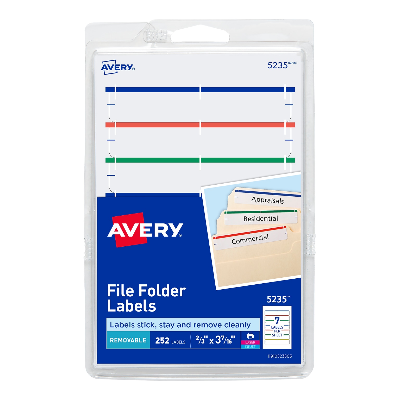 Avery Laser/Inkjet Removable File Folder Labels, 2/3 x 3-7/16, Assorted Colors, 7 Labels/Sheet, 252 Labels/Pack (5235)