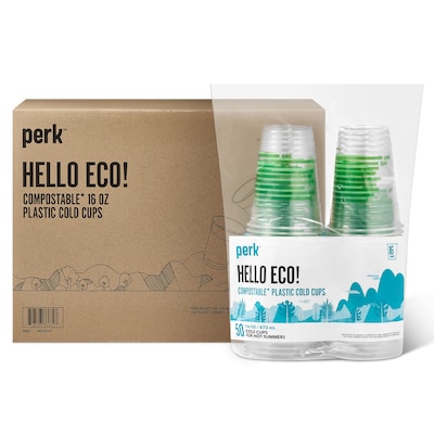 Perk™ Eco Compostable Plastic Cold Cup, 16 Oz., Clear/Green, 300/Carton (PK56197)