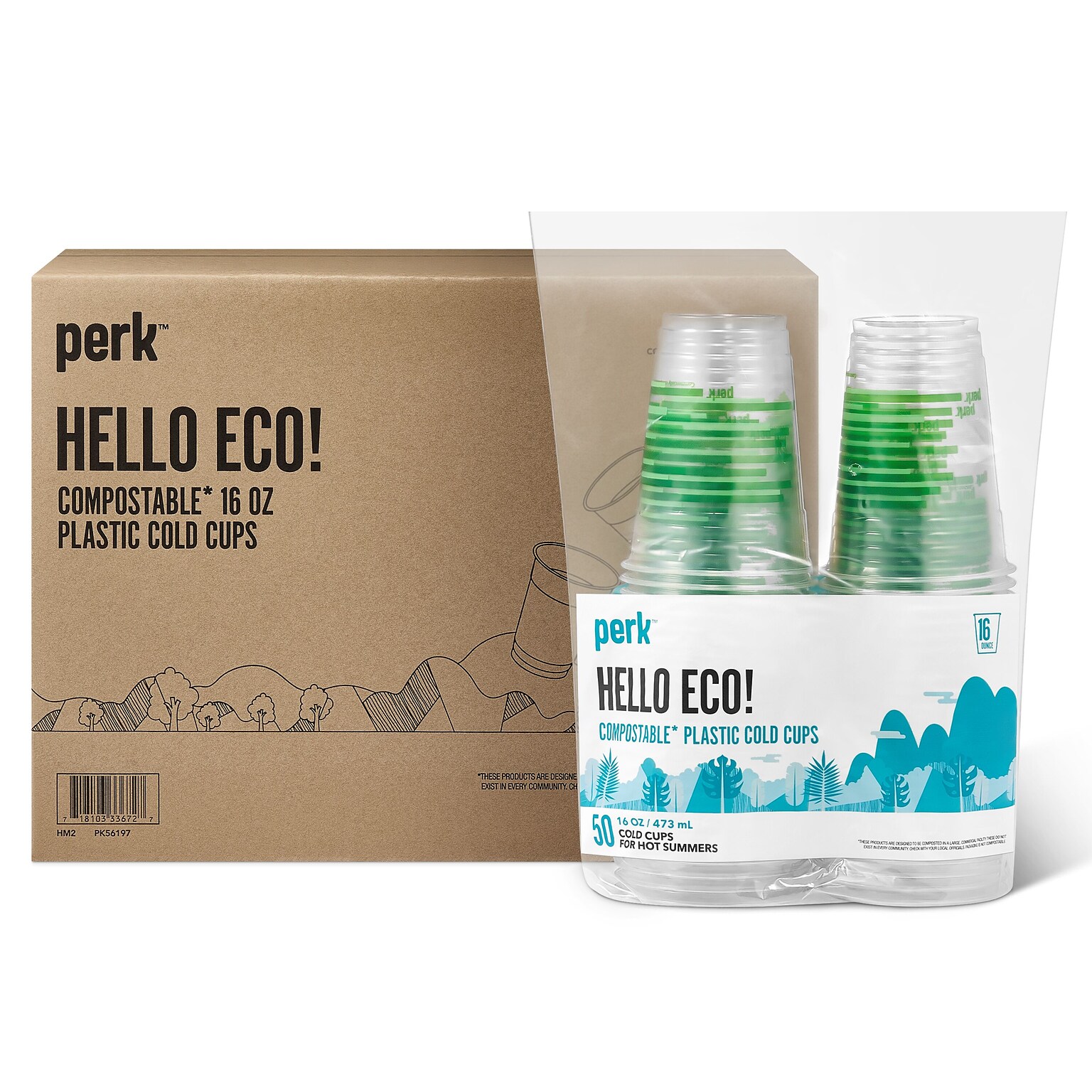 Perk™ Compostable Plastic Cold Cup, 16 Oz., Clear/Green, 300/Carton (PK56197)