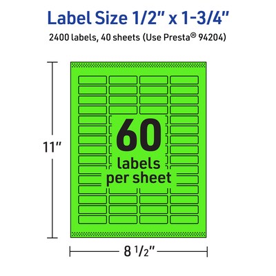 Avery Laser/Inkjet Multipurpose Rectangle Labels, 0.5" x 1.75", Neon Green, 2400/Pack (94204)