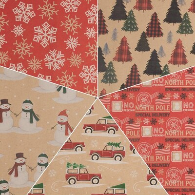 JAM Paper Christmas Wrapping Paper, 25 Sq. ft. x 30", Kids Kraft Christmas Set, 5 Rolls/Pack (165K5KRKID)
