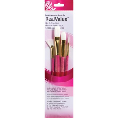Princeton RealValue Mixed Media Synthetic Taklon Variety Brush Set, Assorted, Pink, 4/Set, 3 Sets/Bundle (PBXPR9182-3)