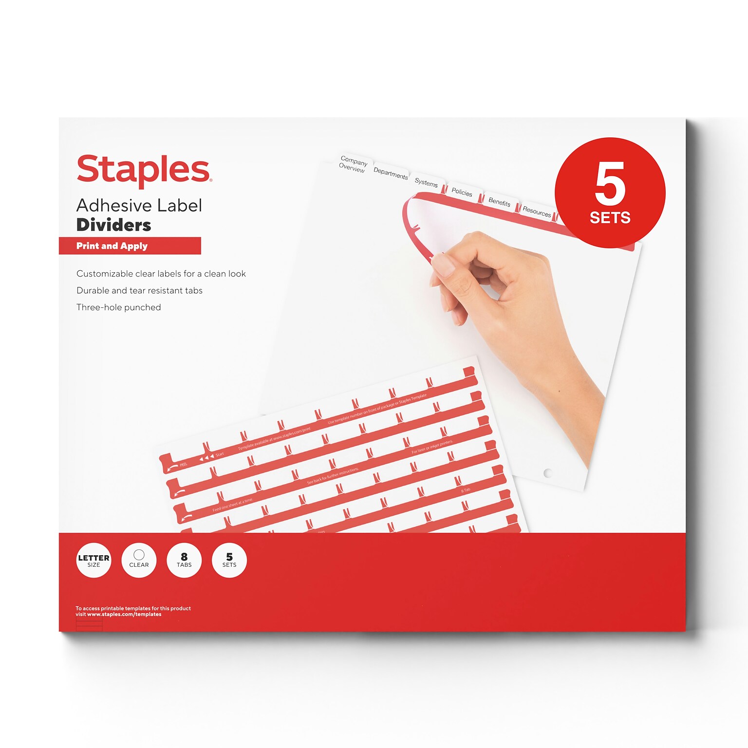 Staples Print & Apply Label Dividers, White, 8-Tabs, 5 Sets (ST63053)