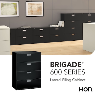 HON Brigade 600 Series 4-Drawer Lateral File Cabinet, Locking, Letter/Legal, Black, 42"W (HON694LP)