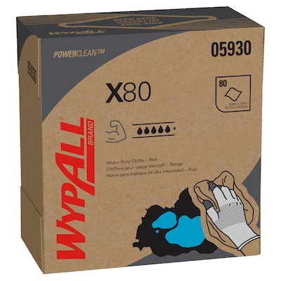 WypAll PowerClean X80 Cloths, 8.34 x 16.8, Red, 80 Sheets/Box, 5 Boxes/Carton (05930)