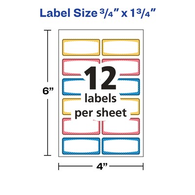 Avery Water-Resistant Laser/Inkjet ID Labels on 4" x 6" Sheets, 3/4" x 1-3/4", Assorted Border Colors, 60 Labels/Pack (41442)