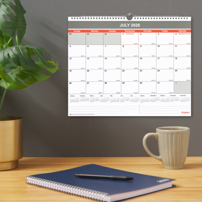 2026-2027 Staples 15" x 12" Academic Monthly Wall Calendar, White/Red/Gray (ST62816-27)