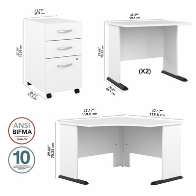 Bush Business Furniture Studio A 83"W Large Corner Desk with 3 Drawer Mobile File Cabinet, White (STA003WHSU)