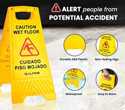 Alpine Industries 24 in. A-Frame Multilingual Caution Safety Wet Floor Sign, Yellow, 10 Pack (ALP499-10)