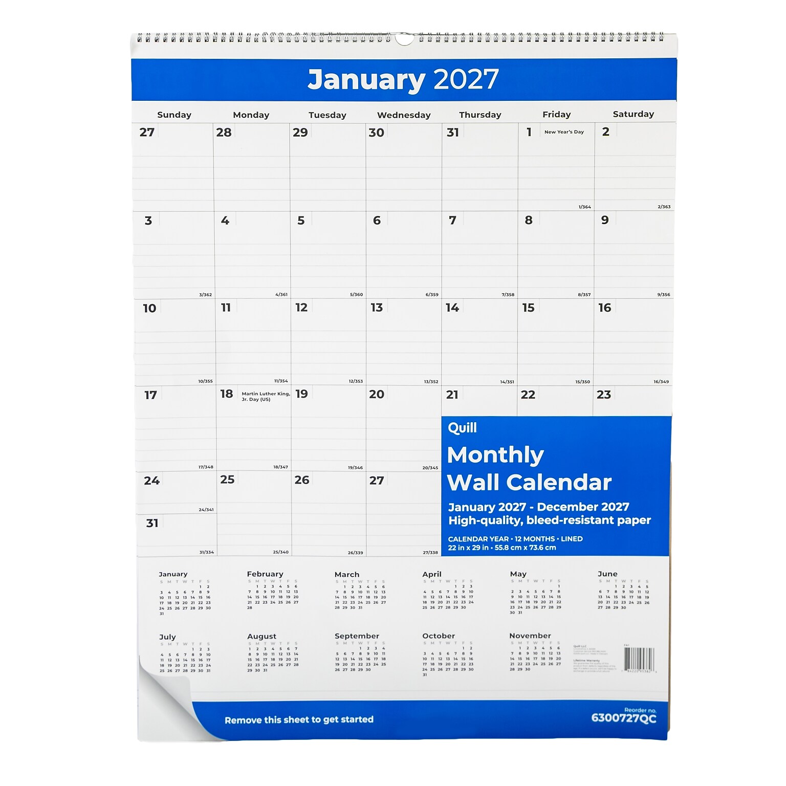 2027 Quill Brand® 29 x 22 Vertical Wall Calendar, White/Blue (63007-27-QCC)