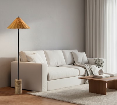 Adesso Rayne 61.25"H Floor Lamp, Brown Marble Base with Rattan Shade (3296-01)