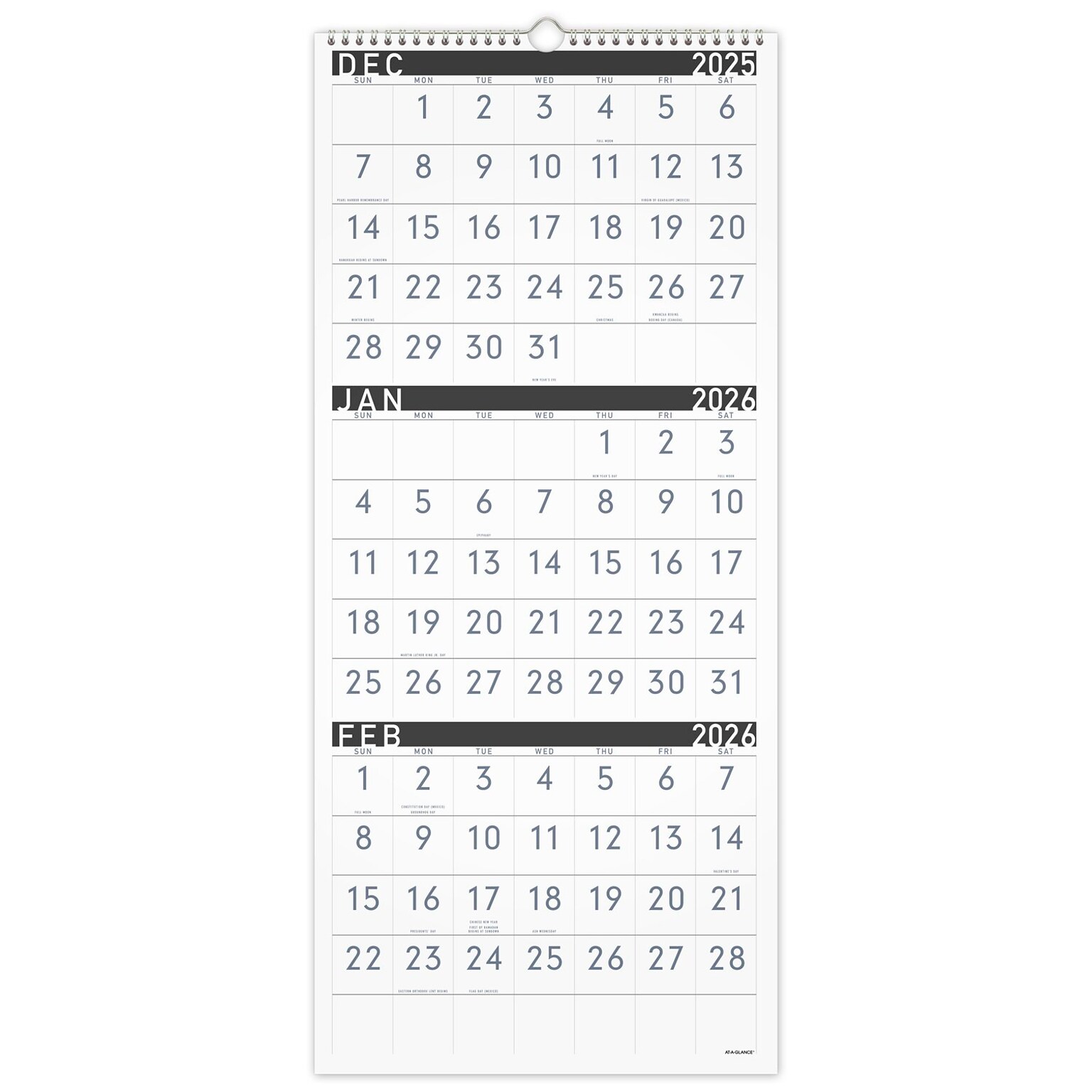 2026 AT-A-GLANCE Contemporary 12 x 27 Three-Month Wall Calendar, White/Black (PM11X-28-26)