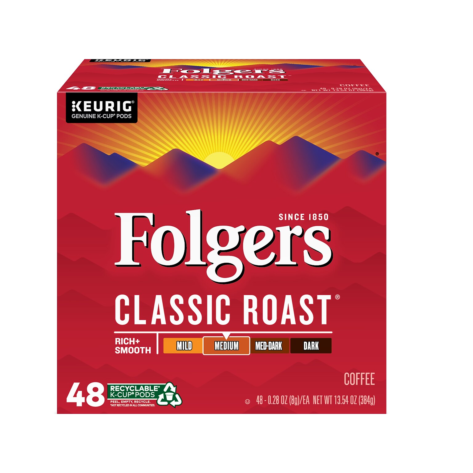 Folgers Classic Roast Coffee Keurig® KCup® Pods, Medium Roast, 48/Box (5000363378)