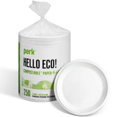 Perk™ Compostable Paper Plates, 9, White, 250/Pack (PK61287)