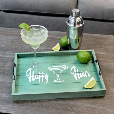 Elegant Designs "Happy Hour" Decorative Wood Serving Tray w/ Handles, 15.50" x 12", Aqua Wash (HG2000-AHH)
