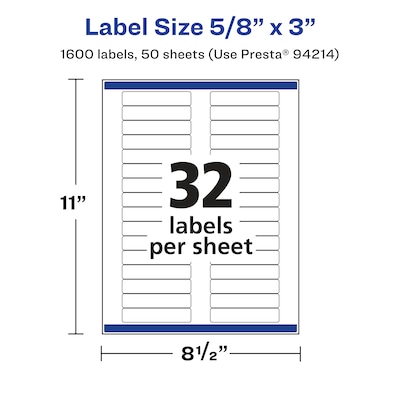Avery Laser/Inkjet Multipurpose Labels, 0.625" x 3", White, 32 Labels/Sheet, 50 Sheets/Pack (94214)
