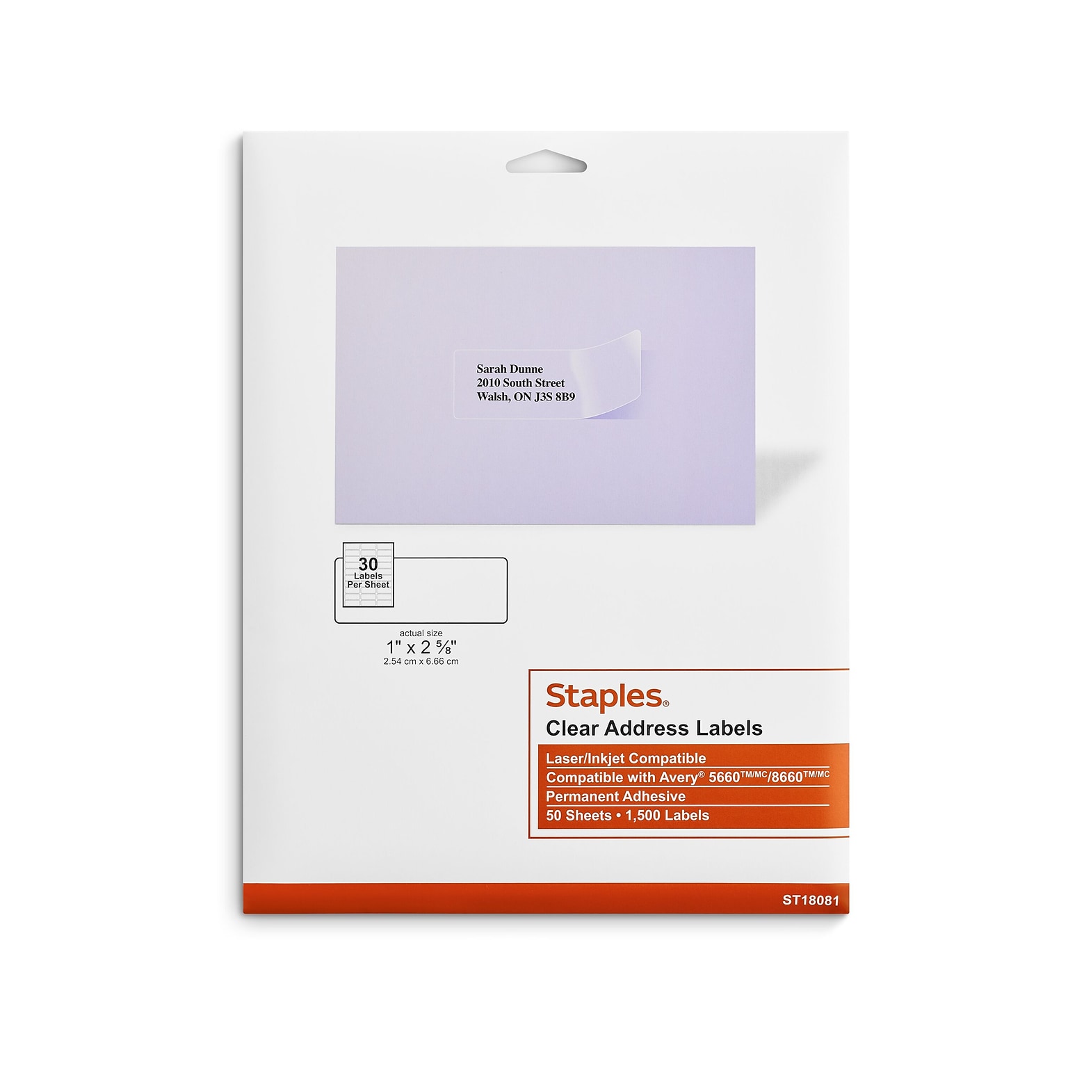 Staples® Laser/Inkjet Address Labels, 1 X 2 5/8, Clear, 30 Labels/Sheet, 50 Sheets/Pack, 1500/Box (ST18081-CC)