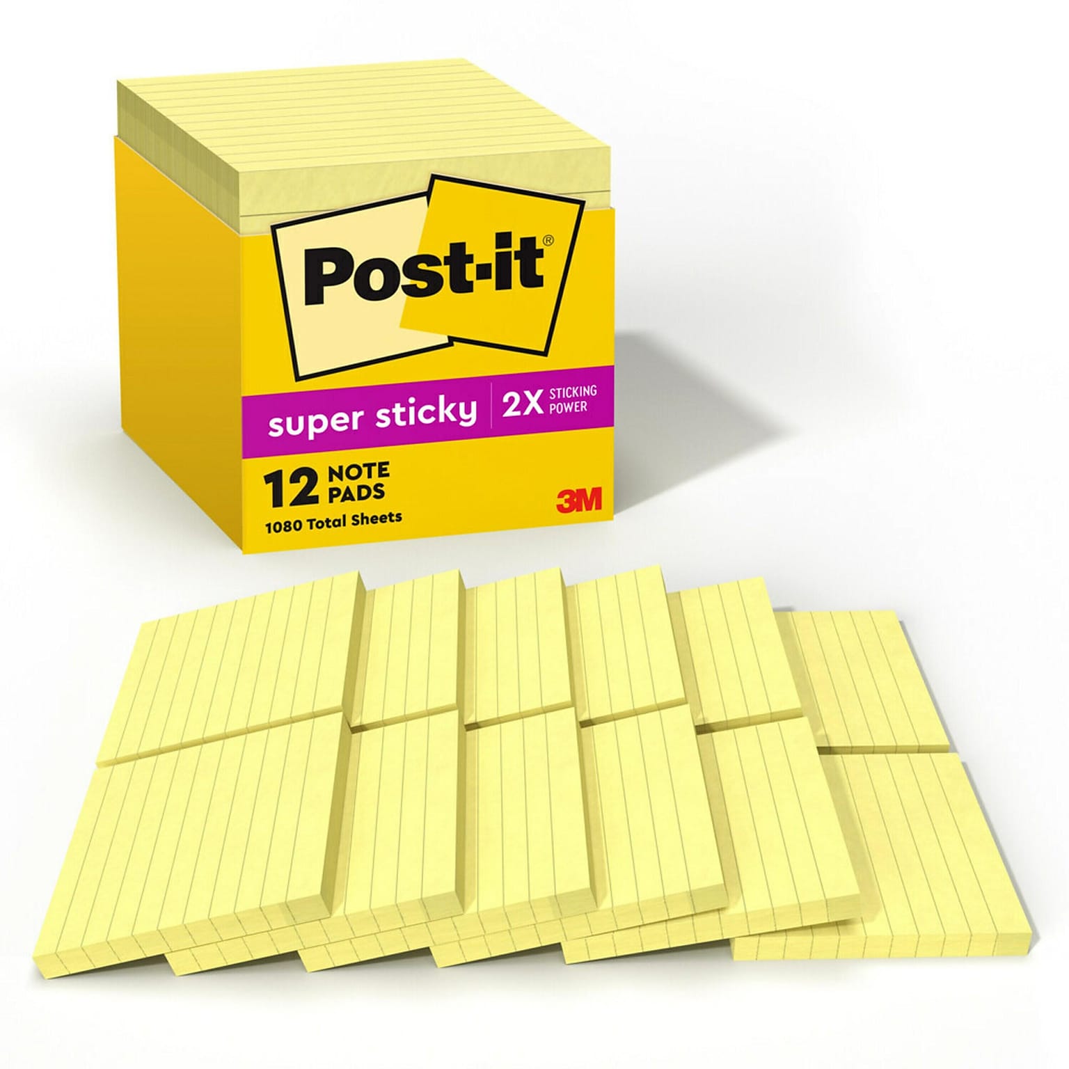 Post-it Super Sticky Notes, 4 x 4, Canary Collection, Lined, 90 Sheet/Pad, 12 Pads/Pack (675-12SSCP)