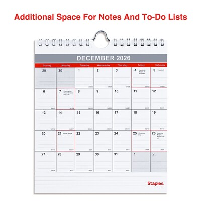 2026 Staples 6.5" x 7.5" Monthly Wall Calendar, Red/White/Gray (ST53923-26)