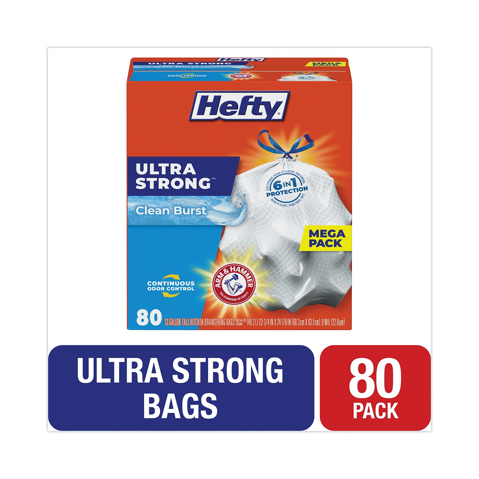 Hefty® Ultra Strong Scented Tall White Kitchen Bags, 13 gal, 0.9 mil, 23.75 x 24.88, White, 80/Box