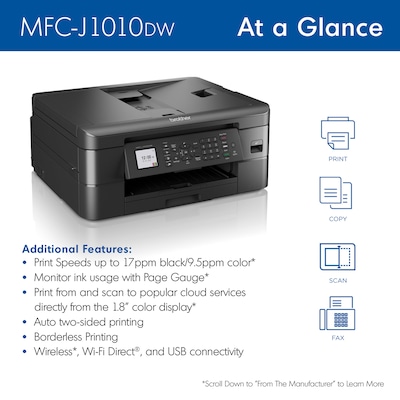 Brother MFC-J1010DW Wireless Inkjet Printer, All-in-One, Print, Scan, Copy, Fax, Refresh Subscriptio