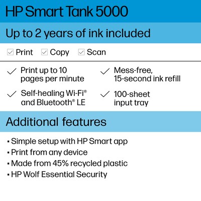 HP Smart Tank 5000 Wireless All-in-One Color Ink Tank Printer Scanner Copier, Best for Home, 2 years ink included (5D1B6A)