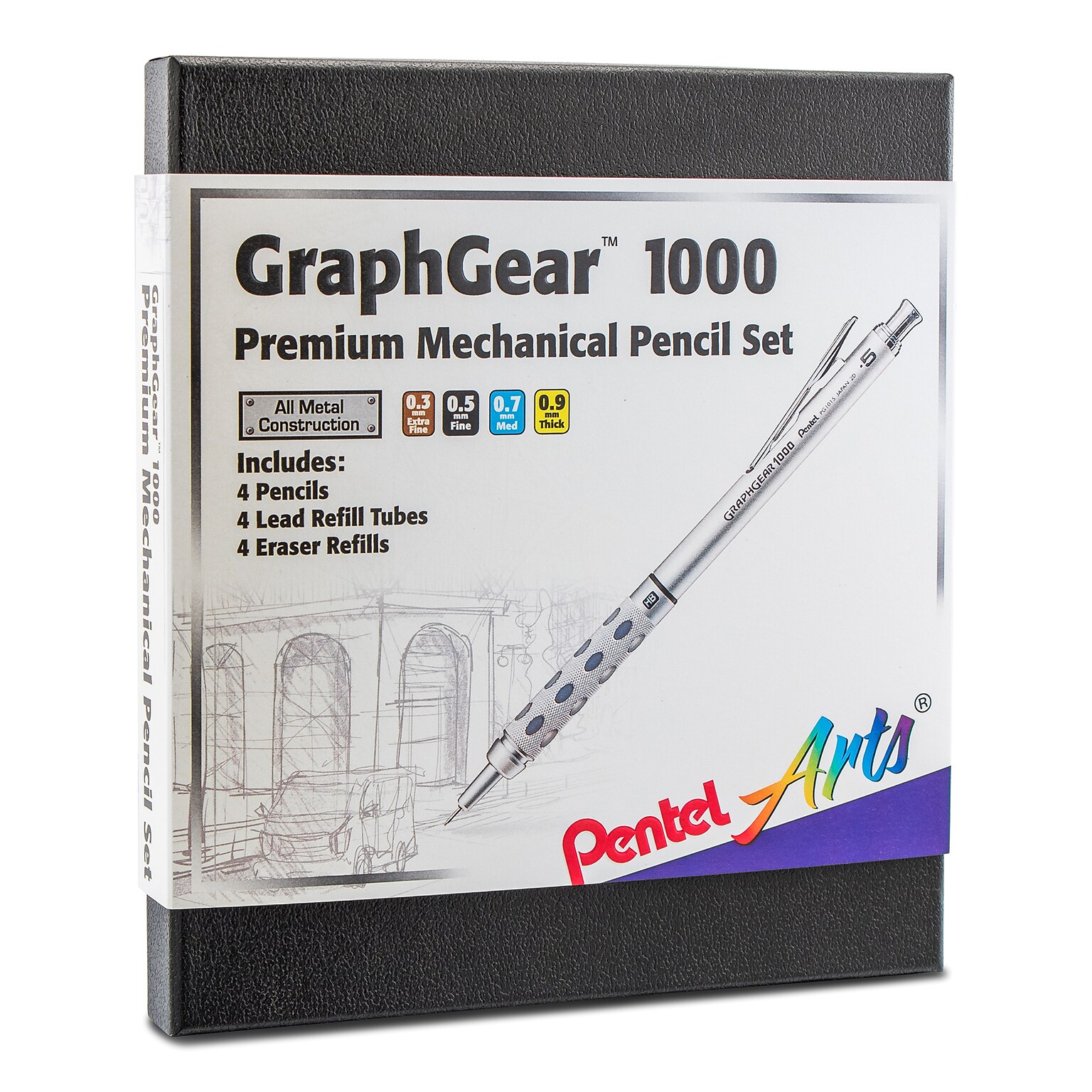 Pentel Arts GraphGear 1000 Premium Mechanical Pencil Gift Set with Refill Erasers, 4 Assorted Lead Sizes (PTAPG1000BXSET)