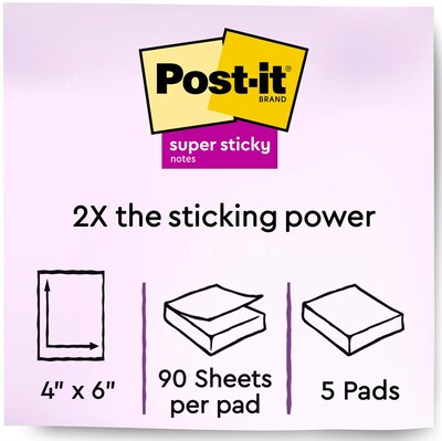 Post-it® Super Sticky Notes, Canary Yellow, Lined, 4 in x 6 in , 90 Sheets/Pad, 5 Pads/Pack (660-5SSCY)