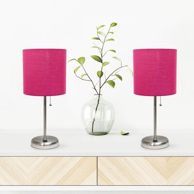 Creekwood Home Oslo Duo 19.5" LED Table Lamp with USB Port, Brushed Steel/Pink Shade, 2/Set (CWT-2012-PN-2PK)