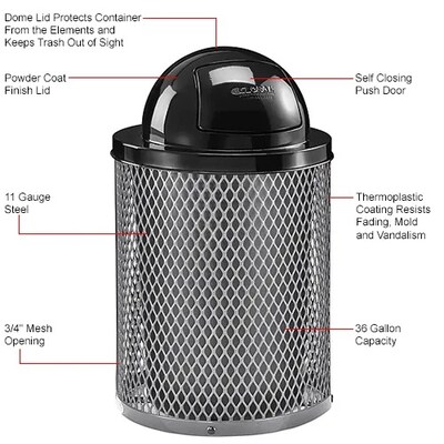 Global Industrial Outdoor Diamond Steel Trash Can w/ Dome Lid, 36 Gallon, Gray (261948GY)